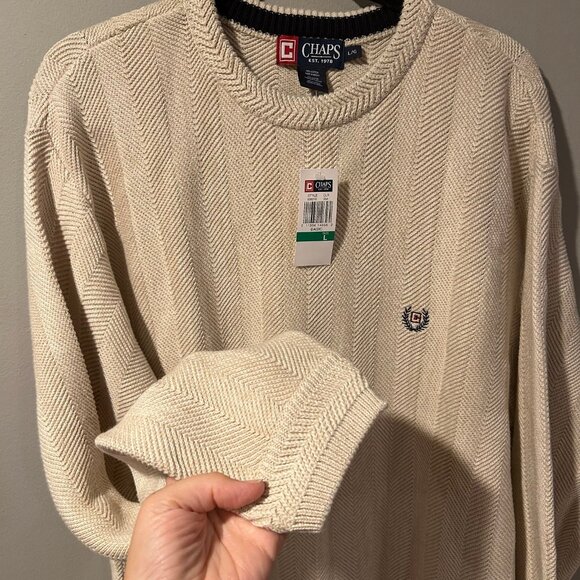 NWT Chaps Sweater Cream Mens Crewneck Large 100% Cotton NEW - Picture 7 of 9